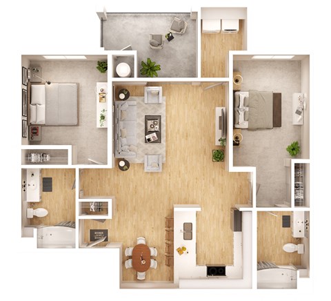 a floor plan of a two bedroom apartment with two bathrooms and a balcony